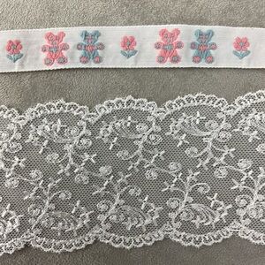 Vintage jacquard ribbon & lace trim teddy bear - galloon embroidered